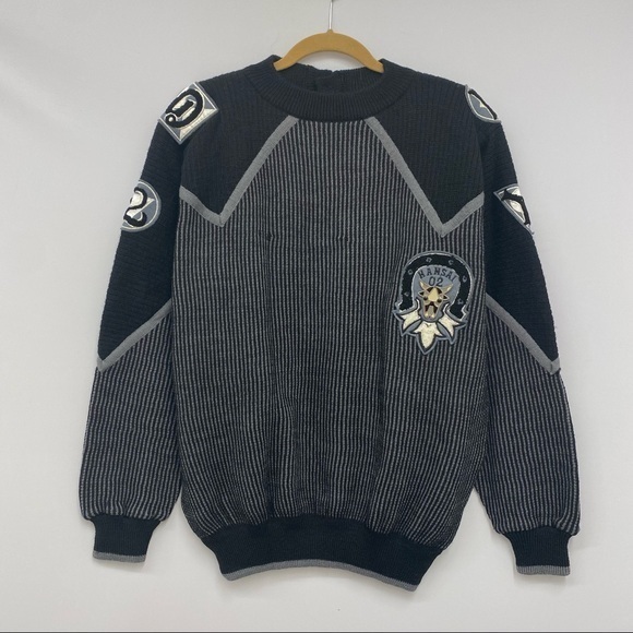 Vintage Kansai O2 Wool Sweater Bull Head In Enamel Black Gray White Silver L